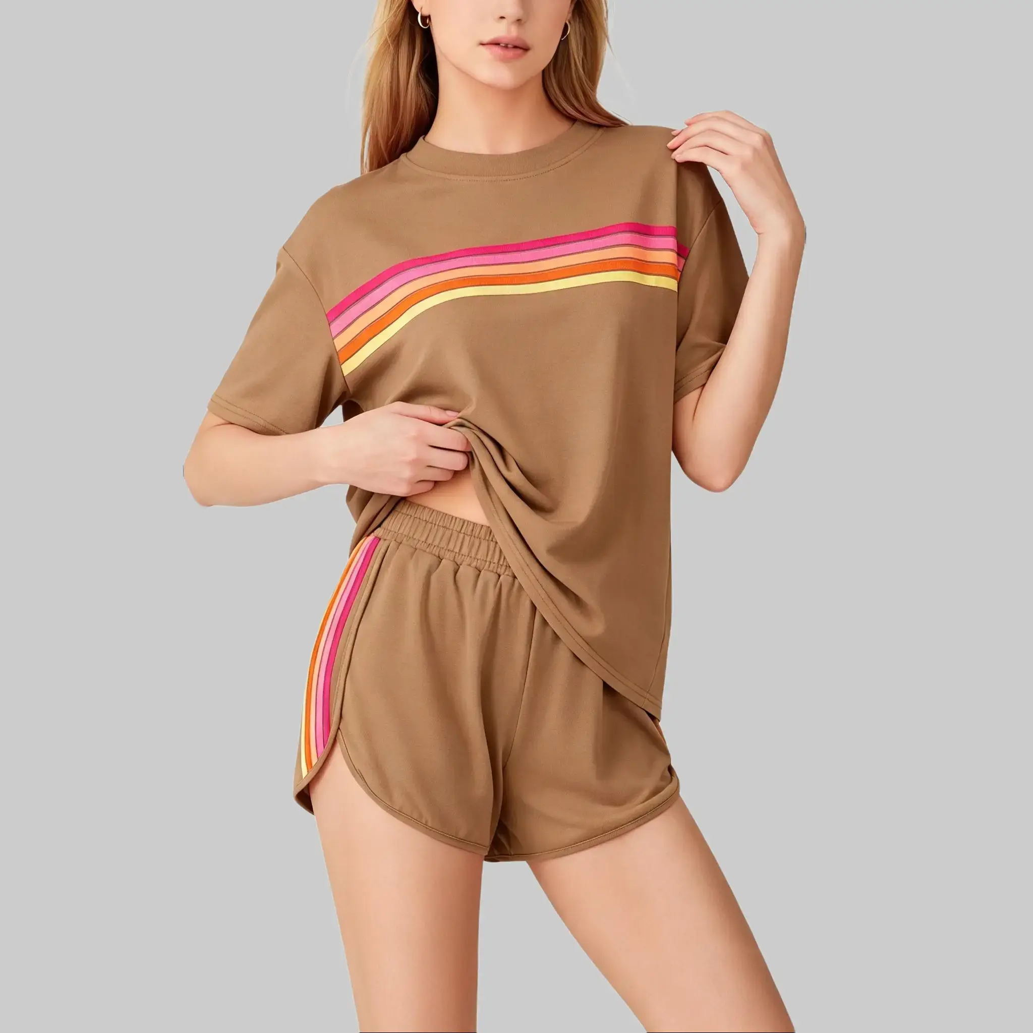 Women's 2 piece set, Retro-Inspired Striped Poly Blend Loungewear with Shortsleeve Round Neck Top and High Waist Bottoms with Pockets, Crew Neck, Above The Knee, Bright Color Stripes, Casual, Pajama Set, Nightwear, Short Sleeves