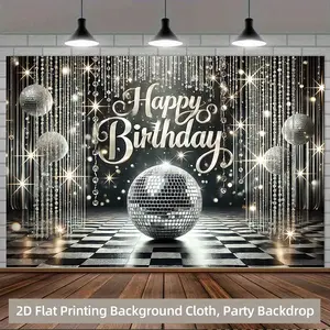 2D Flat, 1pc Birthday Party Backdrop - Sparkling Disco Ball & "Happy Birthday" Text, Polyester Wall Hanging for Living Room, Bedroom, Office Decor, Outdoor Studio Props, Party Decoration, No Electricity Needed, Birthday Party Decorations Banners Ornaments