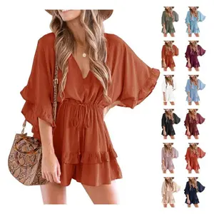 Women’s V-neck beach jumpsuit, pleated layered drawstring-waist shorts, cute jumpsuit GARMENTARY