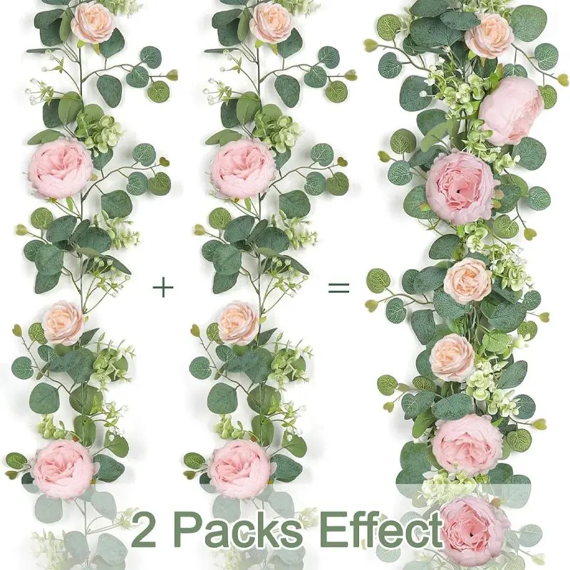 2 Pcs 6ft Eucalyptus Garland with Flowers Artificial Flower Garland Pink Peony Rose Flower Floral Garland Decoration Vine Greenery Peony Wall Hanging Plant for Wedding Christmas Wall Arch Realistic Faux Flowers Diy Flower Decor Fake Plant Vine
