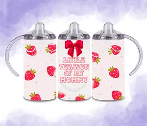 Little Version of Mommy 12 oz Double Lid Sippy Cup Tumbler with Strawberry Design and Red Bow Accent