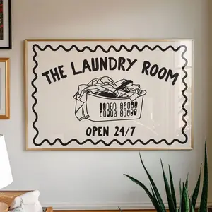 The laundry room open 24/7 Art Print | Retro Neutral black and cream laundry room decor, laundry basket print laundry hamper home wall decor P