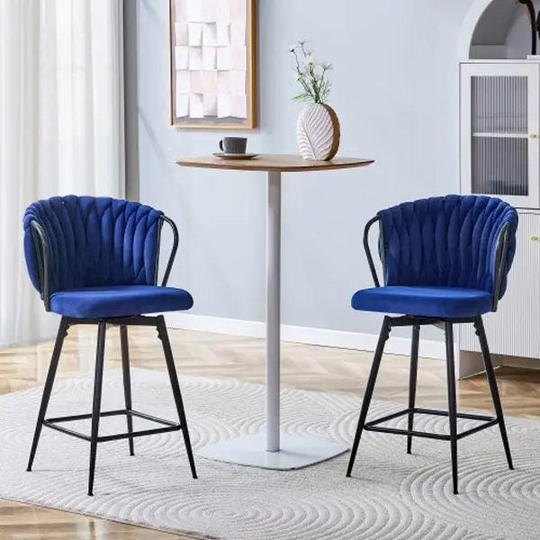 Bellemave 2-Seat Counter Height Bar Stools - 360° Swivel Soft Velvet Upholstered Chairs, Braided Rope Back, 26" Seat Height, Sturdy Iron Base, Ergonomic Design, Gold Footrest, Modern Home Kitchen Furniture, Counter Height Chairs