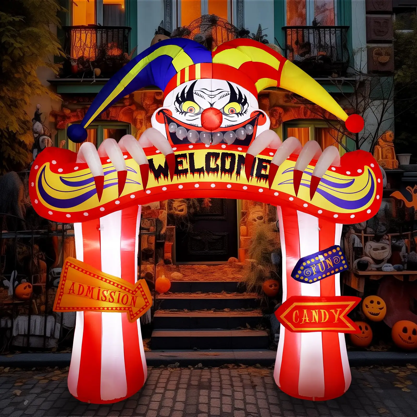 10 FT Halloween Inflatable Clown Archway with Built in LED Lights, Giant Blow Up Entrance Decoration for Lawn, Garden, Porch, Haunted House and Halloween Party