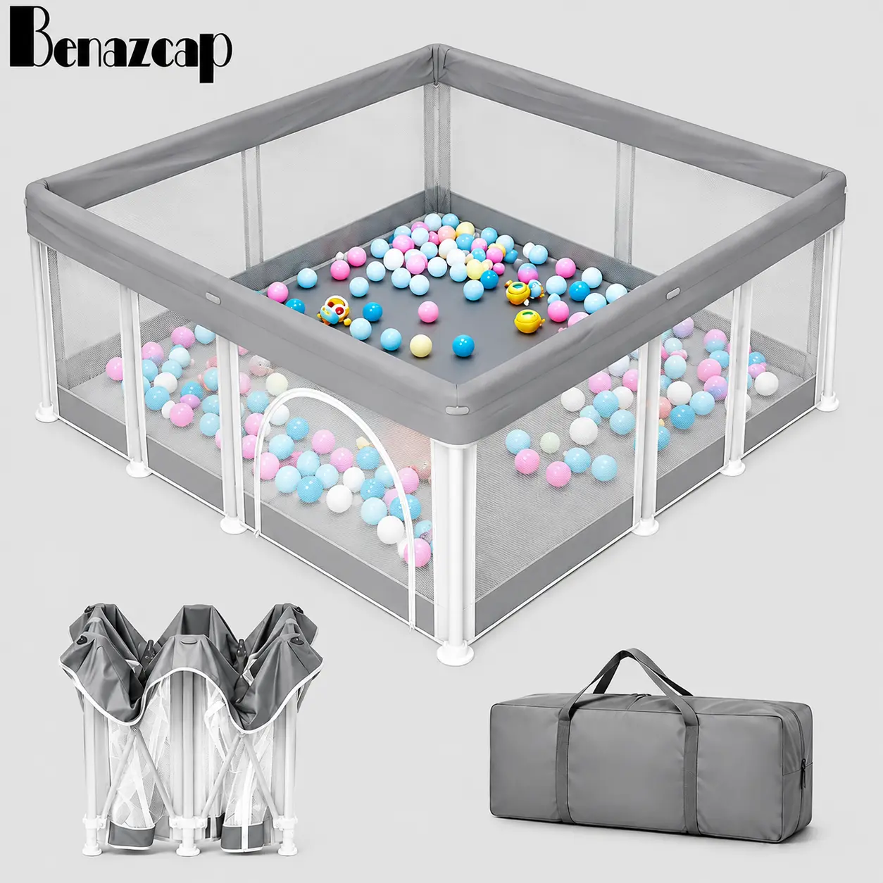 Benazcap Extra Large Foldable Portable Baby Playpen, Breathable Mesh Sturdy Safe Playard with Safety Fence, Indoor-Outdoor Toddler Activity Center for Travel, Portable Playpen