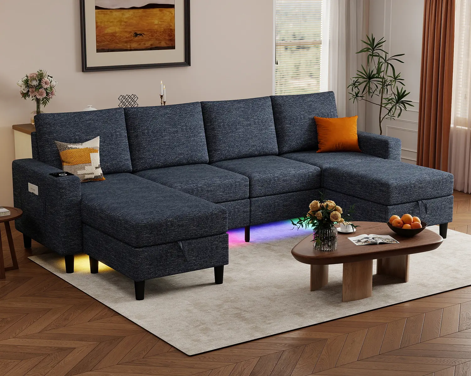 【2 Packages】109-Inch Blue 6-Seater Modular Sectional Sofa — Soft 7105 thick linen, deep seat, base LED lights, space-saving convertible sleeper design with cloud comfort
