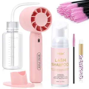 Lash Shampoo Kit 2.02 fl oz Lash Cleaning Kit with Rechargeable Fan Dryer/Brush/Rinse Bottle, Oil-free Cleanser Wash for Extensions & Clusters & Natural