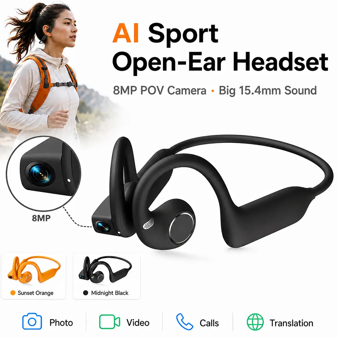 AI Camera Earphones - Open Ear Headphones with Air Conduction Audio, Hands-Free Photo Video Recording & Call, 160+ Language Translator, Bluetooth Connection, Compatible with iOS & Android