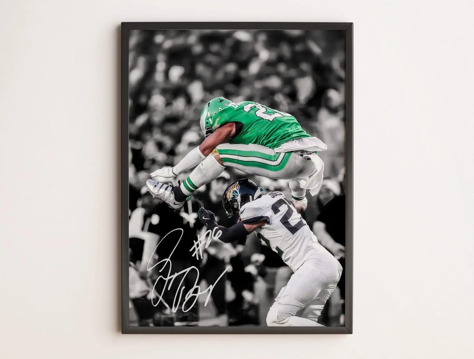 Saquon Barkley Eagles Reverse Hurdle Artistic Photo Poster - 18x24 Paper Print with Border, Rustic Charm, Modern Home Wall Decor, Complimentary Protective Tube Shipping for Room Decoration