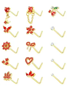 Women's L-Shaped Nose Rings Set, 20g Surgical Stainless Steel Gold Plated Cz Heart Butterfly Flower Design Jewelry, Nose Piercing Jewelry, Rhinestone Nose Ring, Cubic Zirconia, Body Jewelry