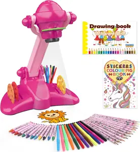 Drawing Projector for Kids, Art and Craft Kit,Including Colored Pencils, Crayons, Coloring Books, Toys for 3+ Year Old Girls (Pink Drawing Kit v2)