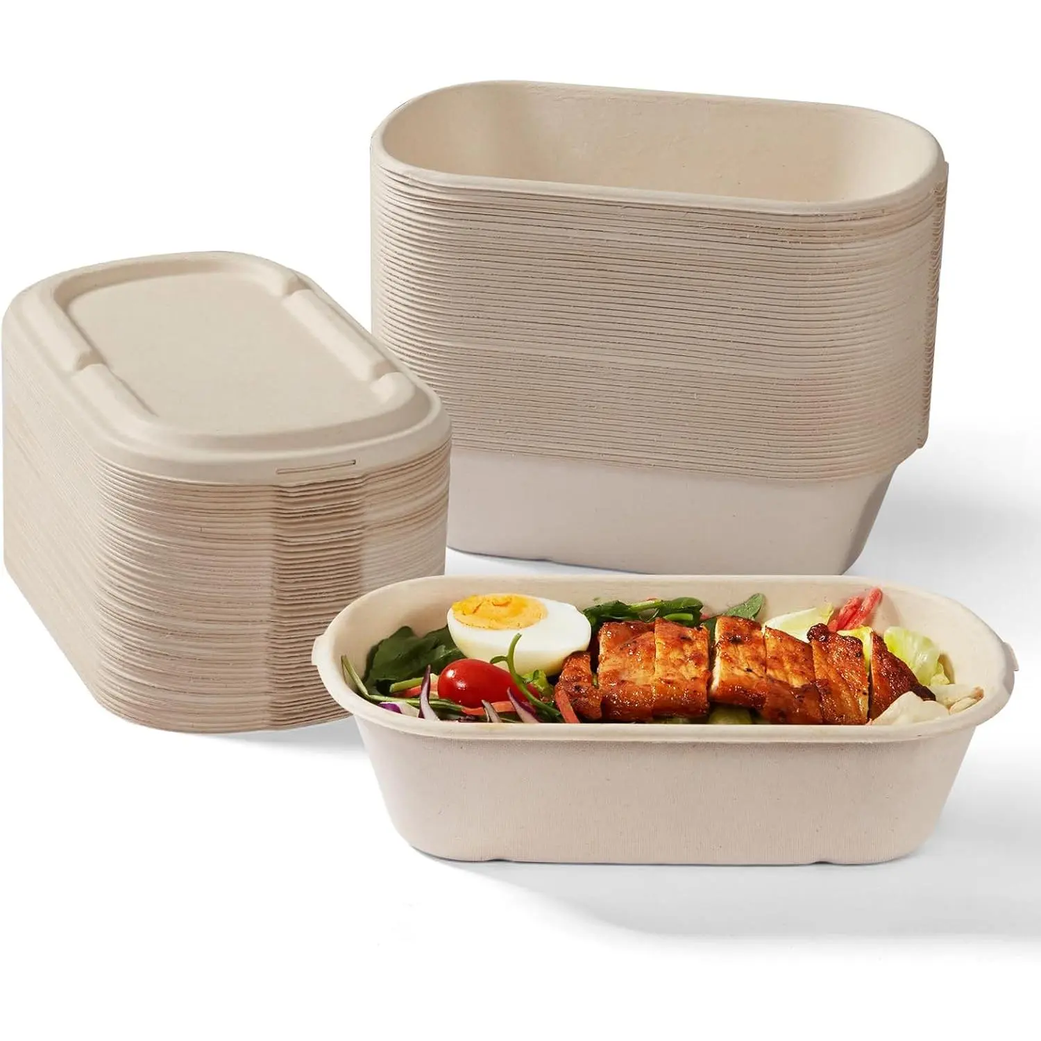 50-Pack Sugarcane Pulp Disposable Food Containers with Lids - 34 oz (1000ml), 100% Eco-Friendly, BPA-Free, Biodegradable, Compostable, Microwave-Safe, Freezer-Friendly Kitchen Preserving Containers for Meal Prep, Lunch at Work, Picnic, Composable