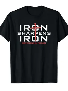 Men's & Women's Christian Faith T-Shirt - Heavyweight Bible Verse (Proverbs 27:17) - Iron Sharpens Iron & Retro Cross Design - Soft Unisex Church Apparel - Short Sleeve Round Neck Tee Suitable for Church Bible Study Casual Wear - All-Season Wear