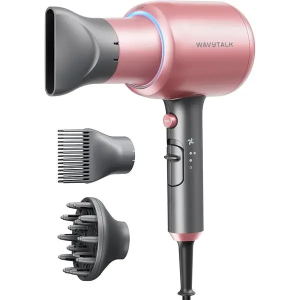 Wavytalk Blown Away Ionic Hair Dryer with Diffuser for Curly Hair | 1875W Fast Drying, 3 Attachments for All Hair Types, Ceramic Healthy Shine, Lightweight & Quiet (Rose Gold)