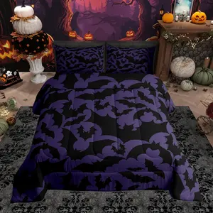 Halloween Themed Bedding Comforters,Black Bats Animal Print Comforter Set,Dark Purple Color Adult Duvet Set,Soft
