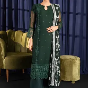 Green Embroidery Three Piece Suit Size Small with Intricate Floral Patterns and Elegant Design