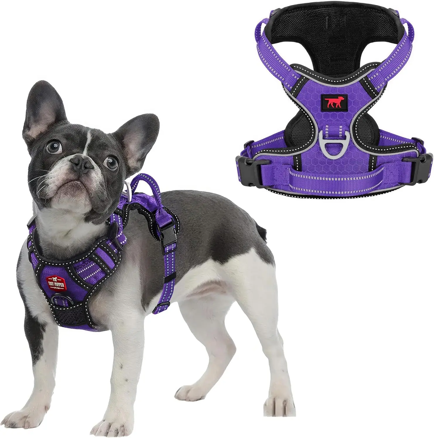 Tuff Pupper No Pull Easy Walk Dog Harness| Heavy Duty Pet Vest| Front & Back Leash Clips| Strong Safety Handle| Reflective Anti Pull Vest| Comfortable Padded Escape Proof Harness(Medium, Purple)
