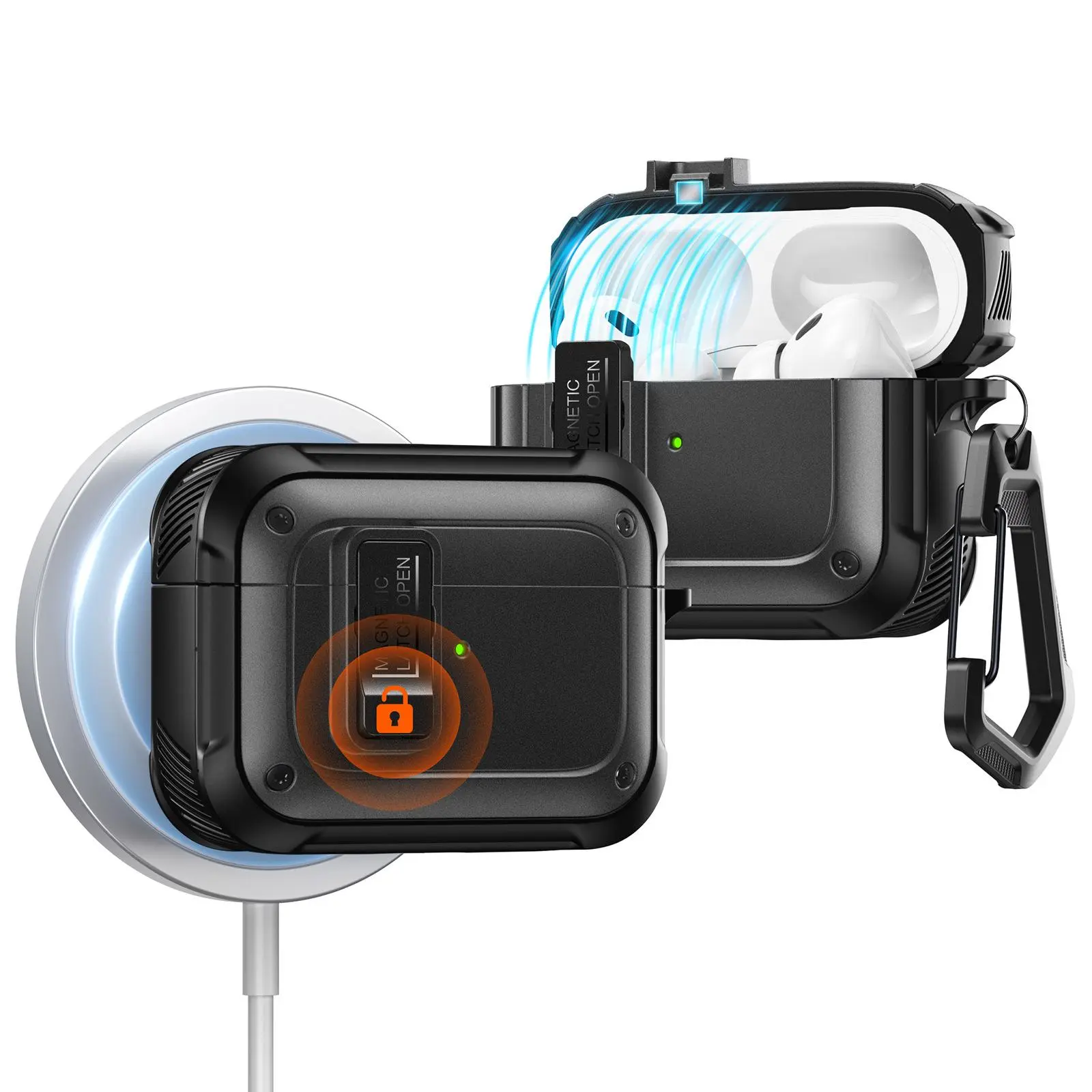 Toocki Apple Earphone Case Magnetic Charging Fits AirPods Pro Case (2023/2022/2019, 2nd Gen/1st Gen), Compatible with Airpods Pro 2 (USB-C/Lightning Cable), MagSafe Ready, Magnetic Cover Lock, hard shell full drop protection case with lanyard, black