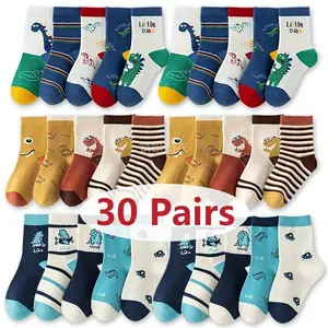 New30 Pairs Boys' Cute Cartoon Dinosaur  - Polyester, Non-Slip, Hand Wash Only, All-Season Knit Fabric  with Fun Animal Designs for Youngster birks socks