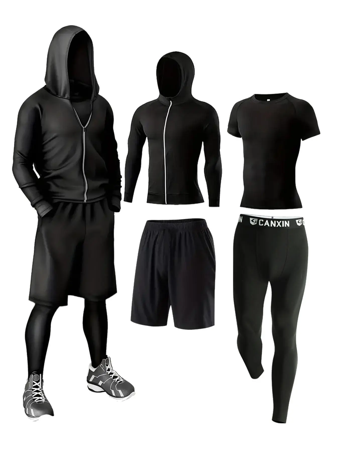 Men's Zip Up Hooded Jacket & Pants & Shorts Sportswear Set, Fitness Sportswear Set, Activewear Tracksuits, Sportswear For Training, Breathable Quick Drying Sports Clothing Set for Running Gym Cycling Outdoor Activities
