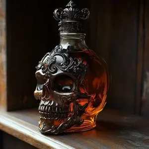 Vintage Carved Skull Whiskey Decanter, Gothic 3D Sculpted Glass Liquor Bottle, Unique Bar Decor, Spooky Halloween Home Accent