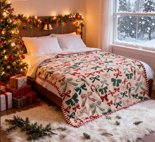 Kringle Express  Holiday Printed Throw with Border Flannel blanket- Soft, Suitable for All Seasons, Suitable for Bed, Sofa, Camping - Machine Washable, Gift for Friends and Family on Birthdays, Thanksgiving, Christmas,Halloween