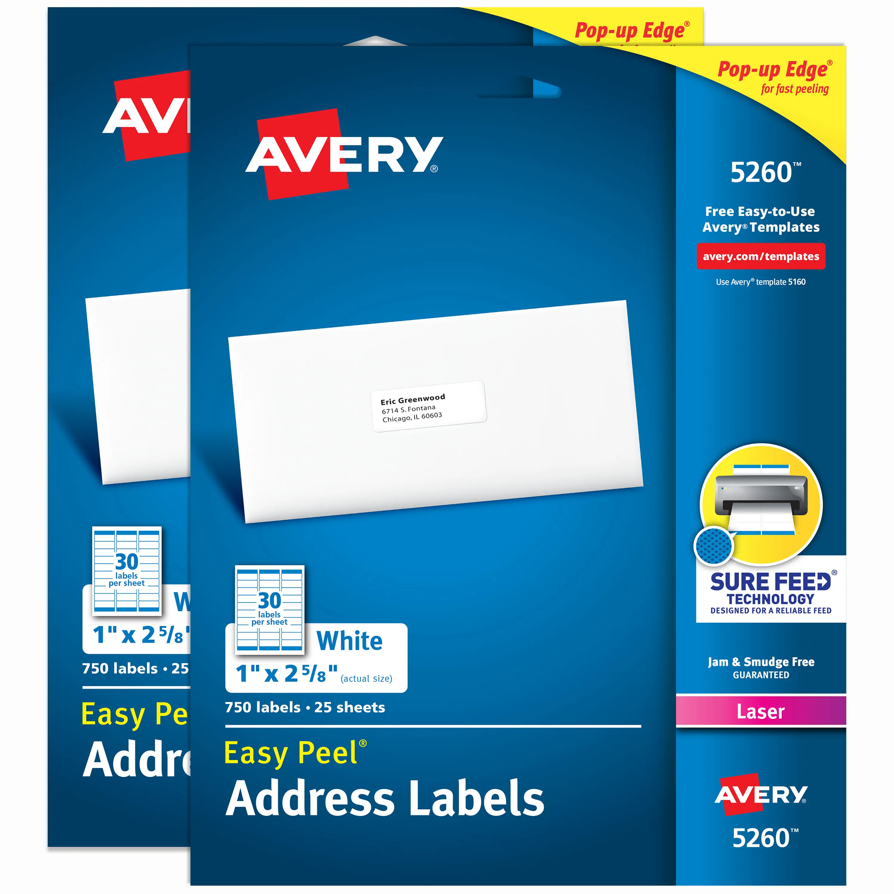Avery Easy Peel Printable Personalized Address Sticky Labels with Sure Feed, 1"x2-5/8" Customizable White Stickers, 1500 Blank Mailing Labels, 2-Pack of 5260 for Mailing, Shipping, Personalized Address Labels