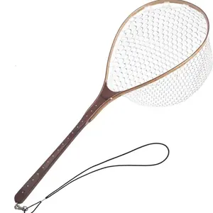 Fly Fishing Net with Wooden Handle & Rubber Basket - Simple Design for Secure Fish Handling & Easy Use - Ideal for Fishermen's Practical Needs