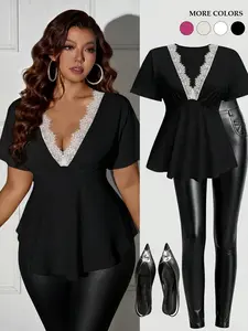 Women's Plus Size Peplum Top Lace Trim Deep V-Neck Short Sleeve Blouse Chic Elegant Empire Waist Fitted Flowy Shirts Sexy Clubwear Party Evening Date Night Outfits Y2K Trendy