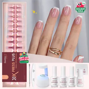 Beetles X Press Plus-Lite Kit French Tips Square Almond French Tip Press on Nails with Nail Glue Builder Top Coat Squoval Press on Nails DIY Manicure Gift for Women