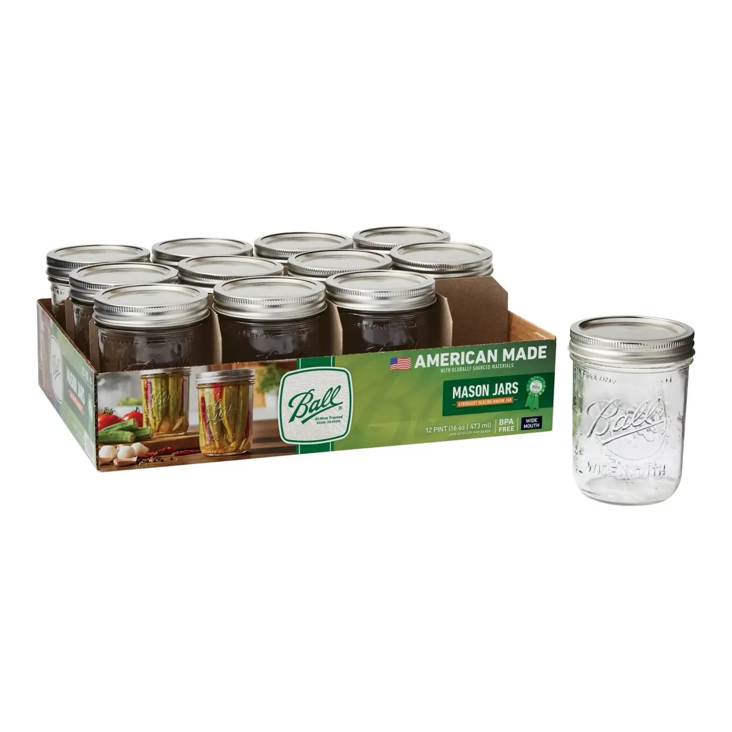 12 Count 16 oz Wide Mouth Glass Mason Jars with Secure Seals Lids & Bands, Kitchen Preserving Containers