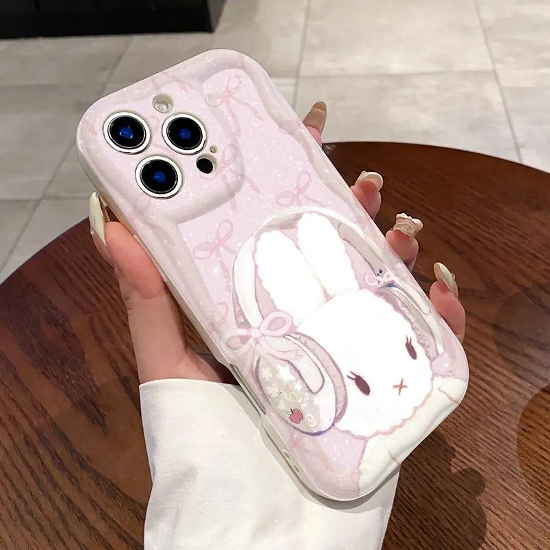 Soft Silicone Cream Phone Case for iPhone 16 Pro Max,15 Plus,14,13,12,11,XS,XR - Rabbit with Bow & Headphones Pattern, Curly Wave Frame, Anti-Scratch, Shockproof, Protection, Shockproof Airbags, Sleek Modern Look Mobile Phone Accessories, Button