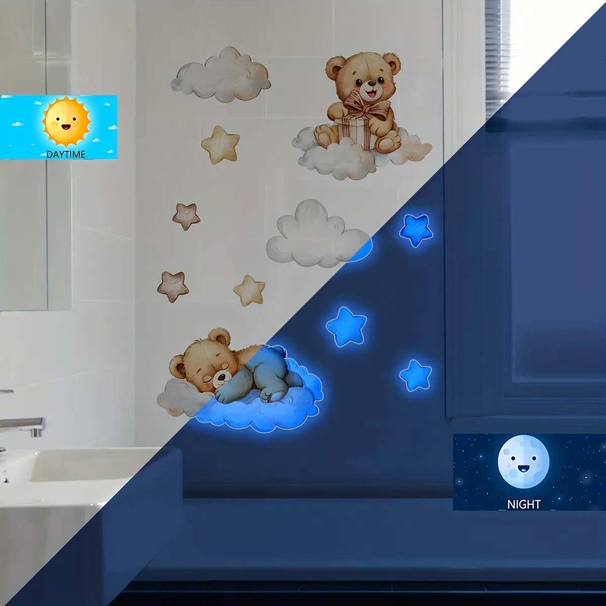 A 30*30cm self-adhesive bear cloud shaped design fluorescent 2D flat Decorative wall sticker for home decoration, Room Decor Wall, self-adhesive wall sticker, YCL20051, Decorative Stickers, Luminous Wall Sticker