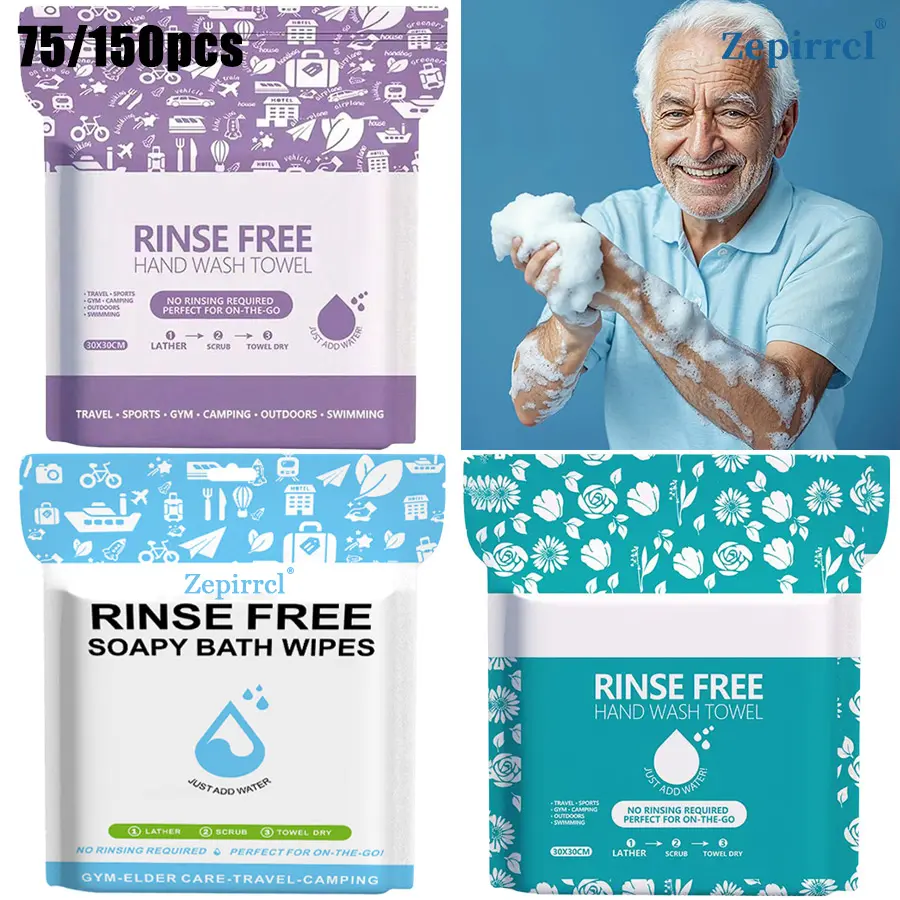 75/150Pcs No-Rinse Disposable Body Cleansing Towels, all-in-one shower wipes. Easy 3 steps: add water, rub for foam, clean body. Great for elderly, mobility-impaired people, outdoor lovers, travelers, fitness and swimming users. 25pcs/pack, 30×30cm