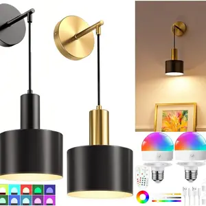 2pc Battery Powered Wall Lamp with Wireless Charging, Adjustable Bulb and Remote Control, Ideal for Bedroom Living Room Hallway