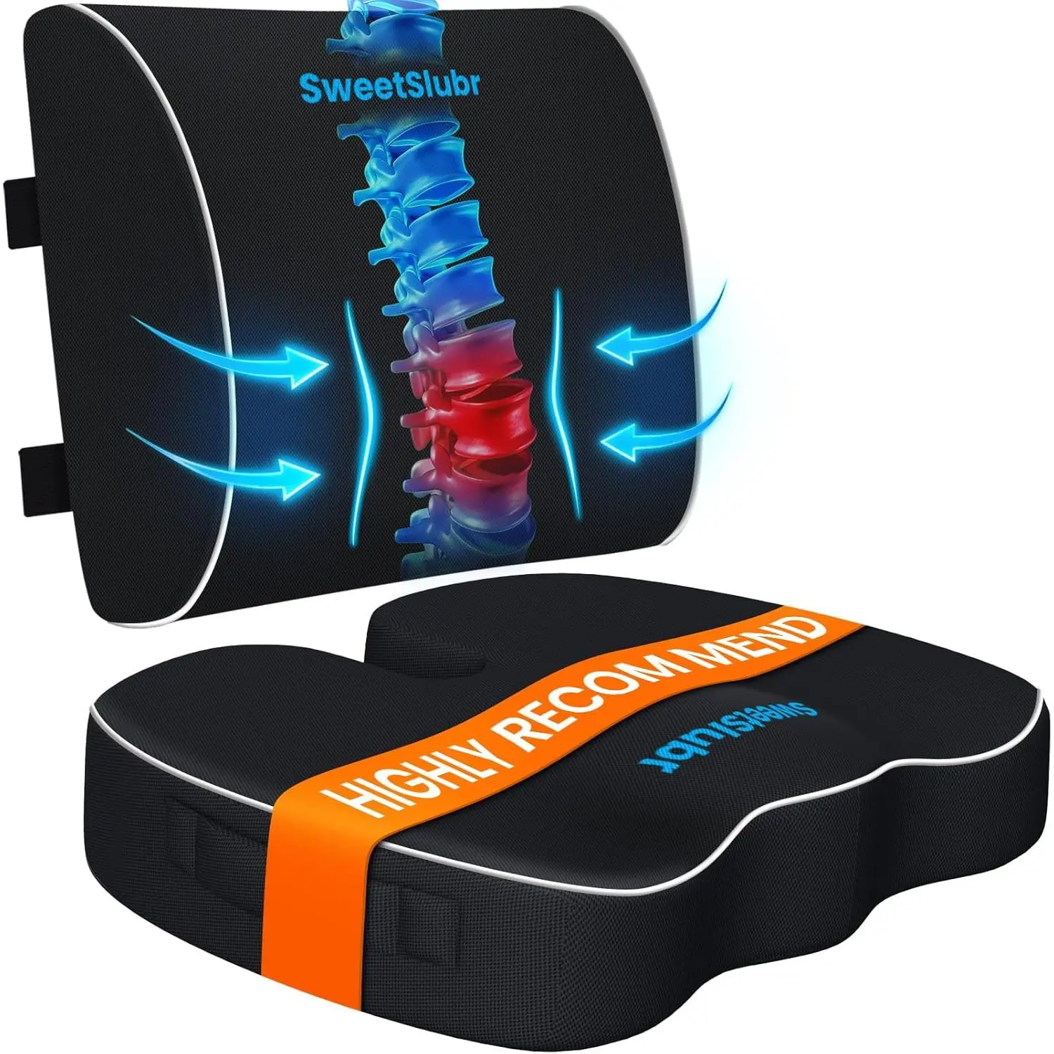 Women's Ergonomic Memory Foam Seat Cushion & Lumbar Support Pillow Set - Orthopedic Coccyx Shape, Extra Large, Relieves Sciatica Back & Tailbone Pain, for Office Chair (for office use), Car
