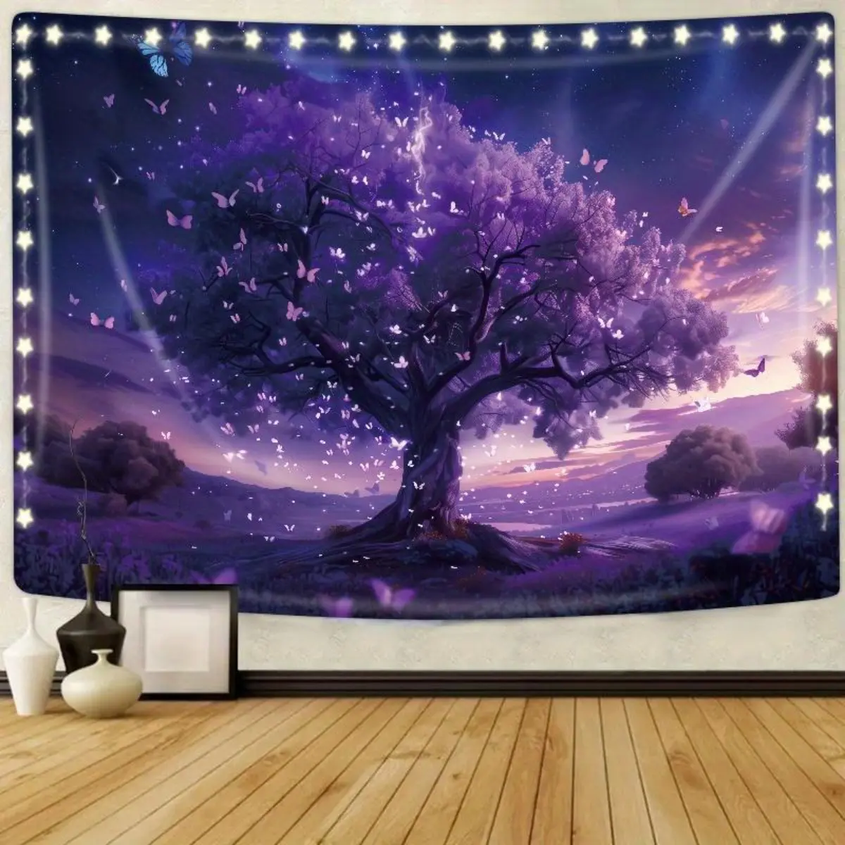 Purple Butterfly Tree Of Life Backdrop Tapestry, Deep In The Woods Landscape Background Ornament Tapestry, Popular Party Photo Studio Props, Decor, Polyester Wall Hanging Wall Decor Room Decor Send Home Bedroom Decoration Design