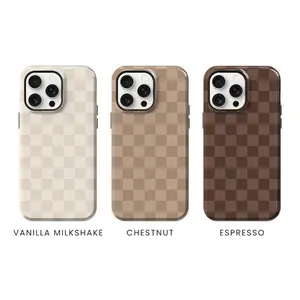 Neutral Brown and Cream Checkered Phone Case, Beige,phone Case Suitable for IPhone17 11 12 13 14 15 16 Pro Max Air Plus