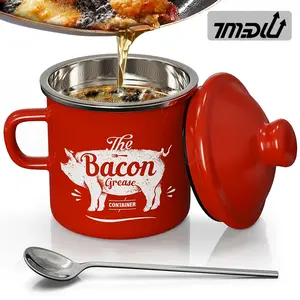 Bacon Grease Container With Strainer - 15OZ  Enamel Grease Saver, Farmhouse Bacon Grease Keeper For Kitchen Fat Storage, Dishwasher Safe-White