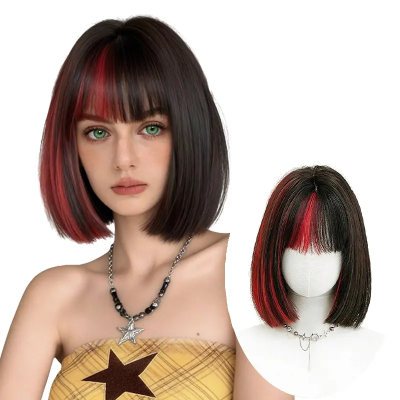 Short Black Synthetic Wig with Red Highlights, Pixie Cut Style for Women, Glueless Full Machine Cap, Lightweight 5 oz and Adjustable for a Comfortable Fit, 5 Ounces