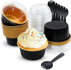 Mini  Foil Cupcake Baking Cups with  (30pcs, 5oz) Round Cupcake Foil Liners Tart Pie Tin Pan Holder - Disposable Mini Cake Containers Flan Molds for Pudding, Souffle, Party, Wedding