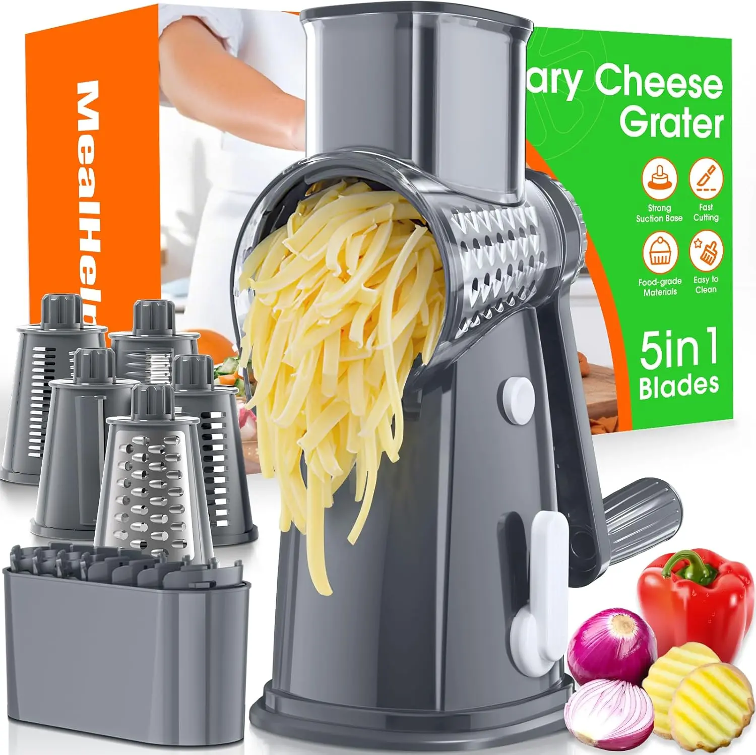 Mealhelper 5 Blade Rotary Cheese Grater Hand Crank with Storage Box, Vegetable Chopper, Cheese Shredder for Cheeses, Veggies, Nuts - Easy to Use, Non-Slip Suction Base, Gray MealHelper