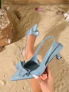 Women's PU Leather Pointed Toe Bowknot Heeled Shoes, Elegant Party Dating Daily Wear, Valentine's Day Gift, Fashionable Multi-Scene Footwear, Summer