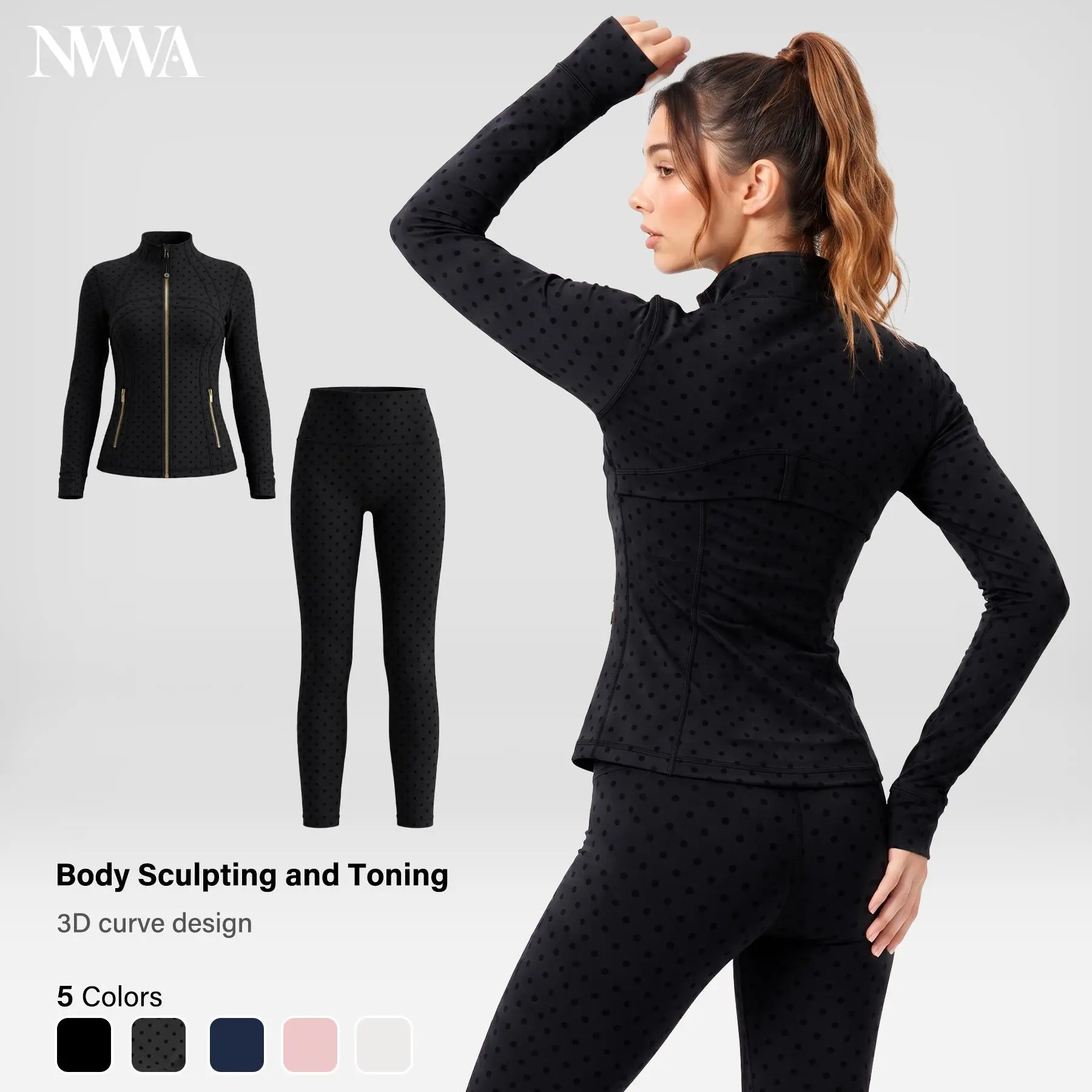 NVWA Women's Casual Matching Zip Up Jacket OR Cropped Leggings Sold Separately Long Collar Fitted Yoga Jacket High Waisted Tummy Control Butt Lifting Capri Pants Squat Proof Athletic Workout Gym Set