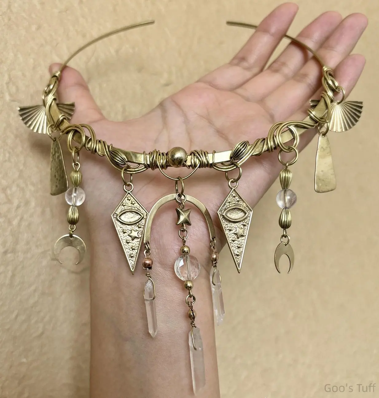 Women choker necklace boho wasteland moon crystal pendant viral tiktok jewelry handmade wire wrap crescent tassel collar antique gold silver two tone fan eye charm red gem quartz dangle lightweight adjustable festival goth gift for her