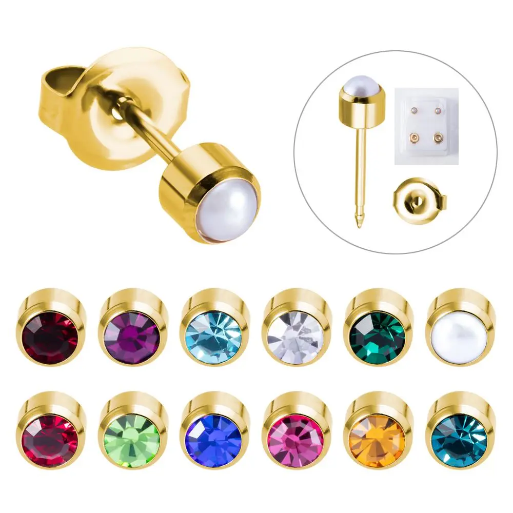 2pcs Gold Plated Steel Earring Studs for Ear Piercing Birthstone CZ Ear Stud Earrings Studs Tragus Cartilage Body Jewelry
