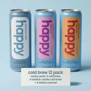 Happy Coffee Cold Brew Variety Pack - 12 count x 11 oz each - Original Cold Brew, Tahitian Vanilla Cold Brew, & Salted Caramel Cold Brew