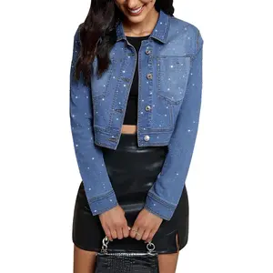 Luvamia Cropped Jean Jacket Women's Trendy Rhinestone Embellished Short Stretchy Trucker Denim Coats with Button Down & Pockets for Daily Essentials - Fit - Chic Clothes Style Elegance