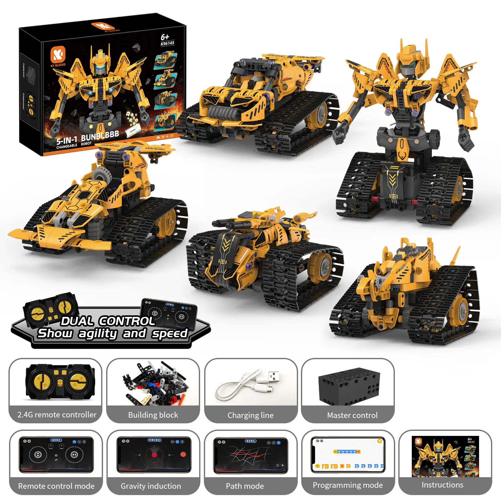 5-in-1 RC STEM Building Robot Kit, App & Remote Control Coding Toy, Transformable Tracked Vehicle Blocks, Programmable Educational Science Gift for Kids Ages 8+