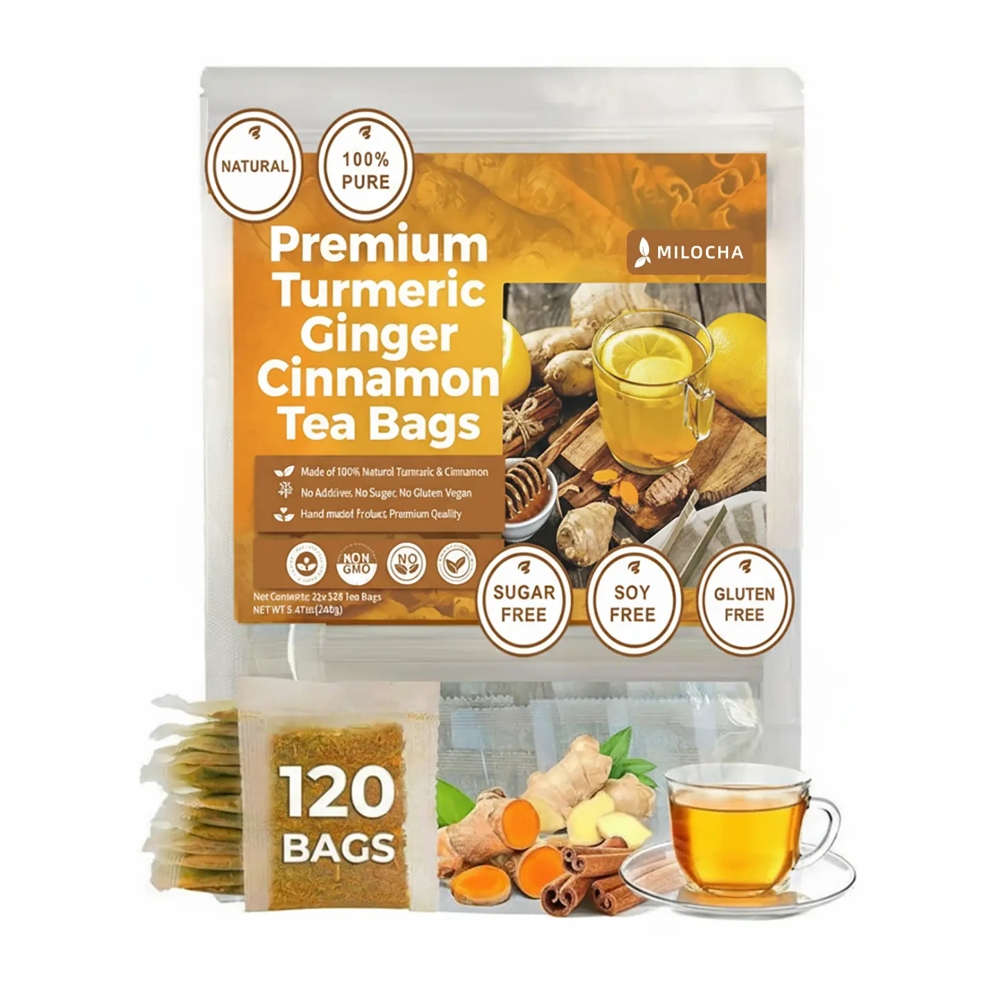 Organic Turmeric Ginger Cinnamon Herbal Tea - 120 Handmade Eco Bags, Caffeine-Free, No Added Sugar, Vegan, Youth-Focused Ginger Tea Organic